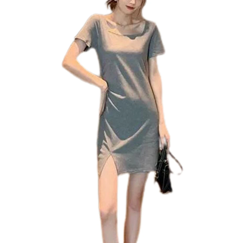 

Square Collar Fork Solid Color Short Sleeve Mini Dress Lady Dress Summer New Sexy Style Sheath Dresses Summer 2021 Women's