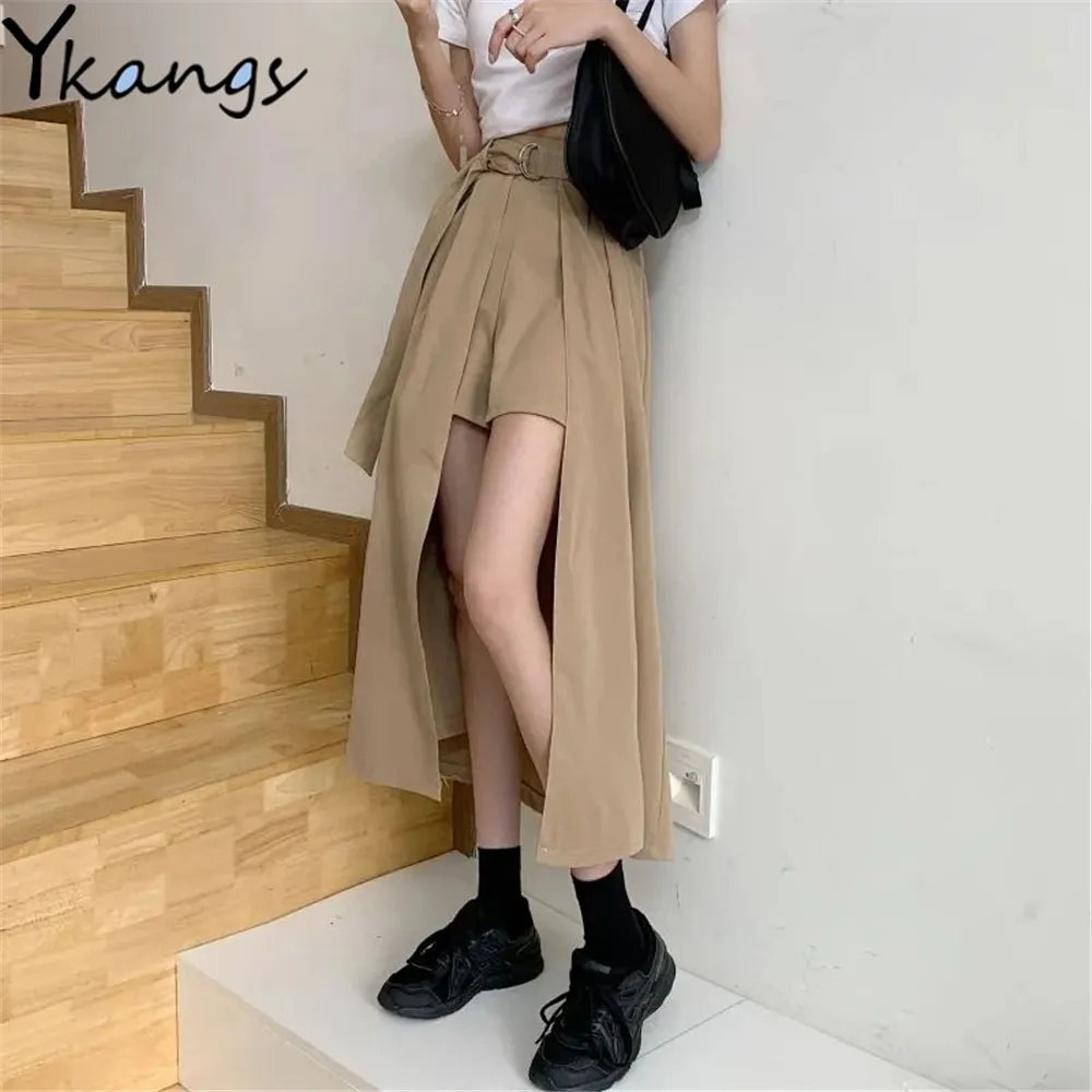 

Summer Solid Belted Split Hem Cargo Skirts 2021 Women High Waist Wild Flared Asymmetrical Office Lady A-LINE Skirt Streetwear