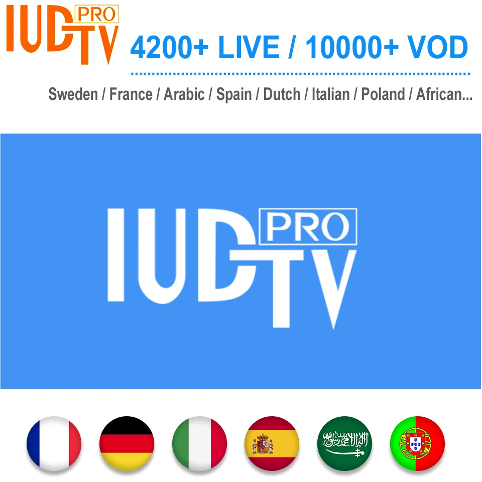 1 год IUD tv PRO шведский испанский голландские, французские подключение IPTV на арабском Великобритании Польша греческий индийский Африканский Европейский ТВ пакет