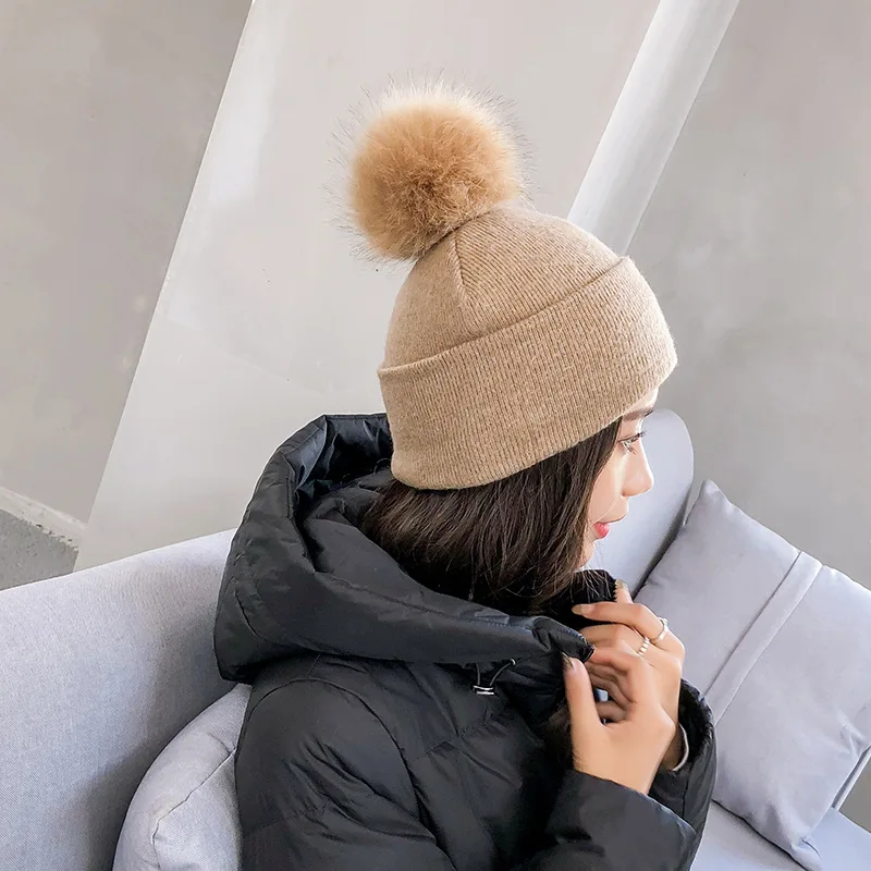 2019 зимняя розовая вязаная шапочка с помпонами для женщин пушистый двойной помпон