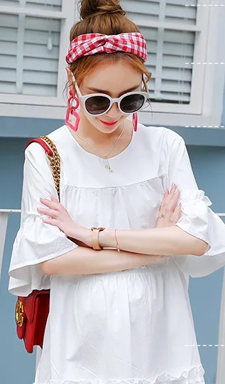 Maternity Summer New Korean Loose Cotton Fungus Round Neck Short Sleeve Mid-length Solid Color Dress | Мать и ребенок