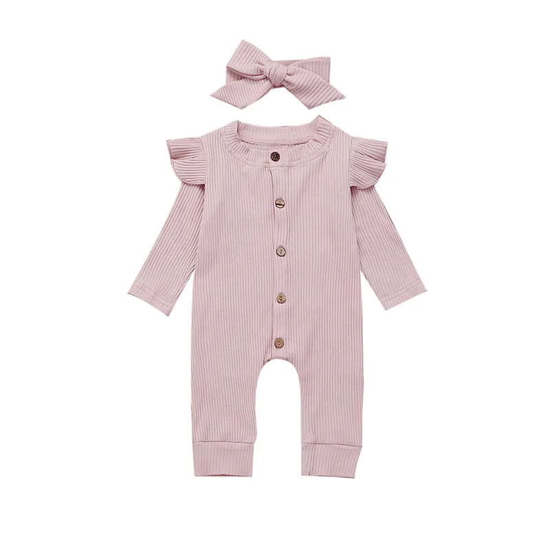 Newborn Baby Girls Boys Clothes Knitted Ruffle long sleeve Button round neck Romper solid bow Headband 2pc kids Autumn Outfits | Детская