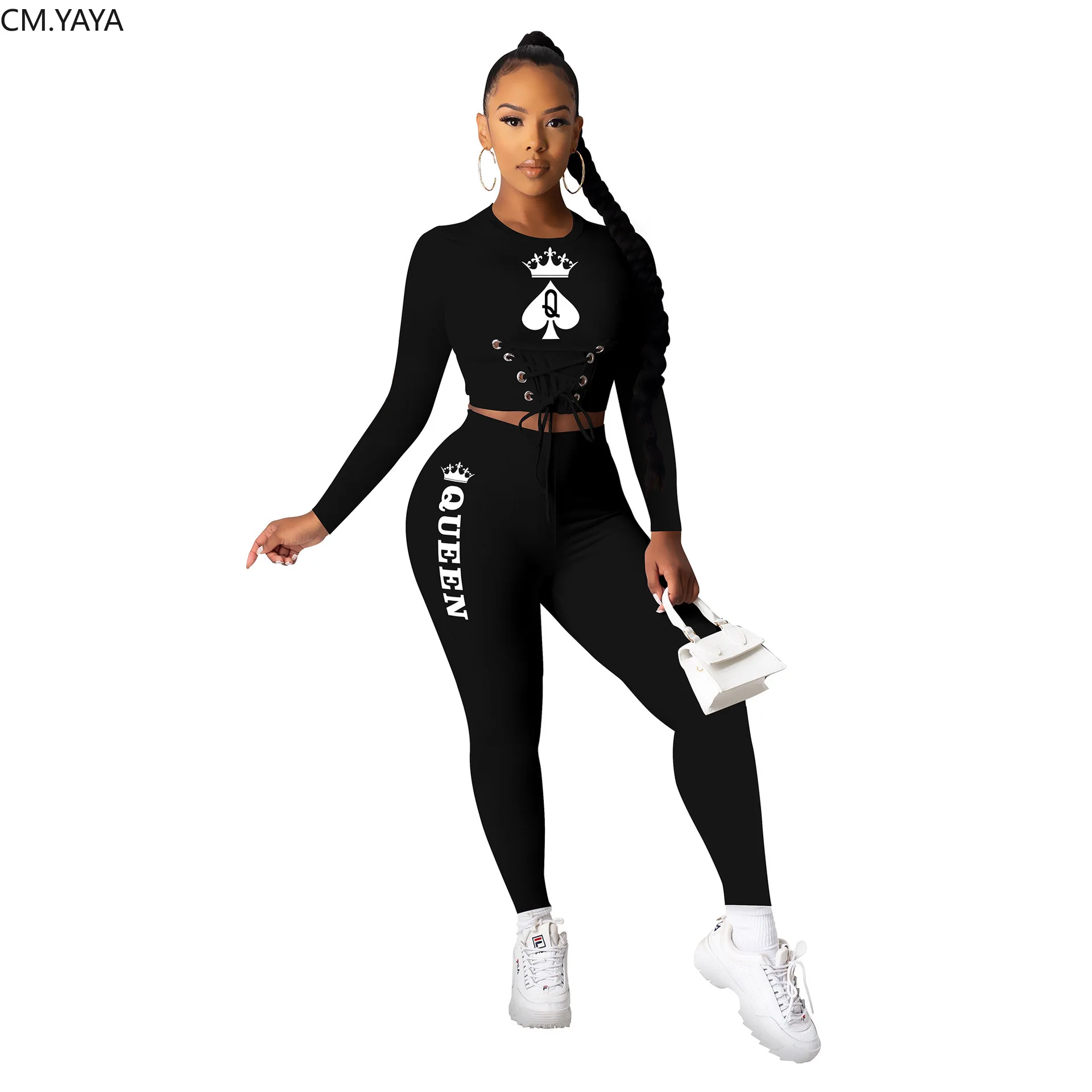 CM.YAYA Black Queen Spade Q Women Lace Up Waist Tee Tops Pencil Pants Suit Active Wear Tracksuit Two Piece Set Fitness Outfits |