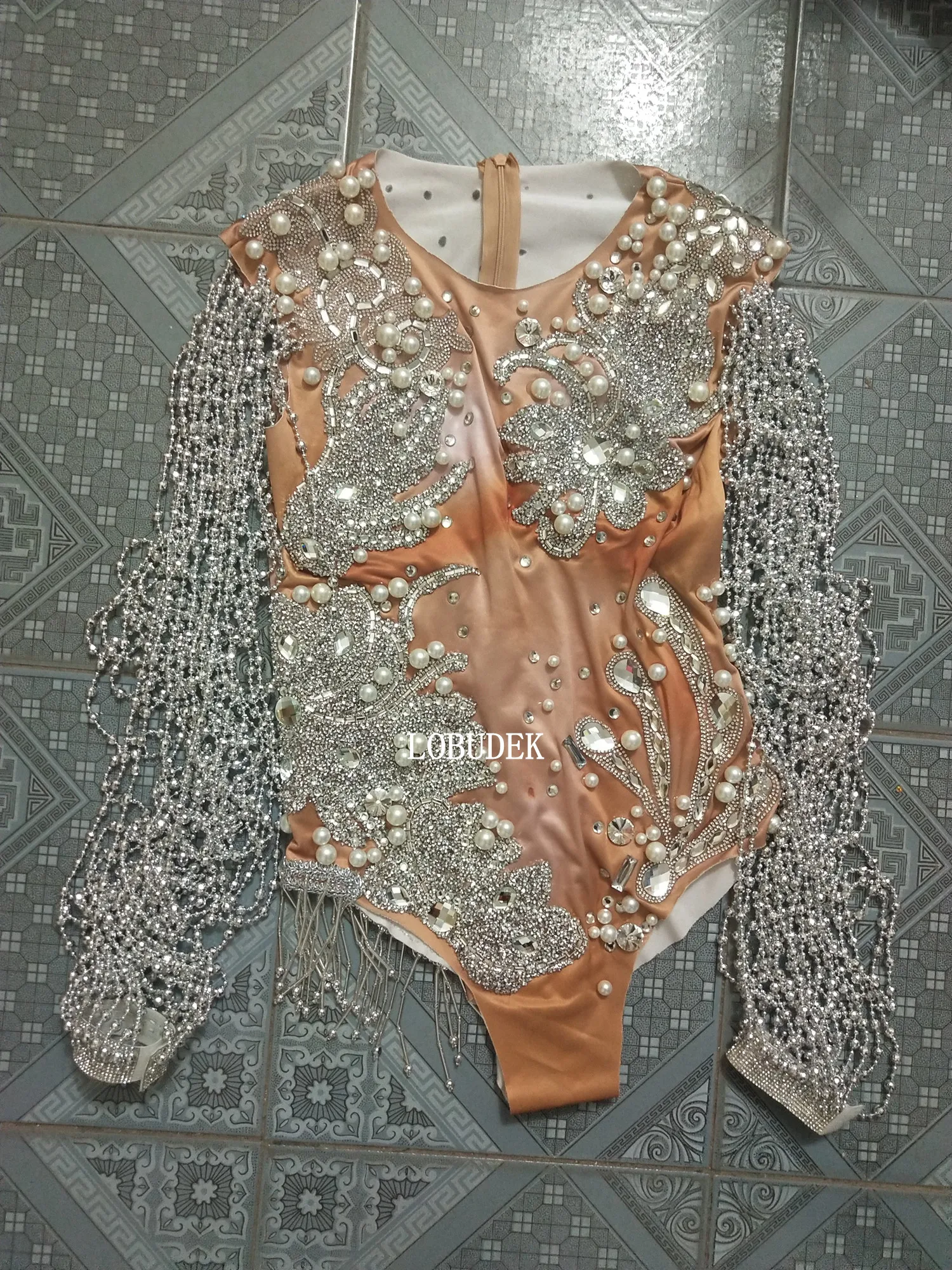 Silver Rhinestones Pearl Bodysuit Beading Sleeve Fashion Women Singer Dancer DJ Concert Stage Wear Birthday Party Dance Costume
