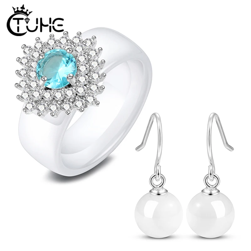 Набор керамических украшений из серебра 925 пробы с кристаллом гладкие серьги