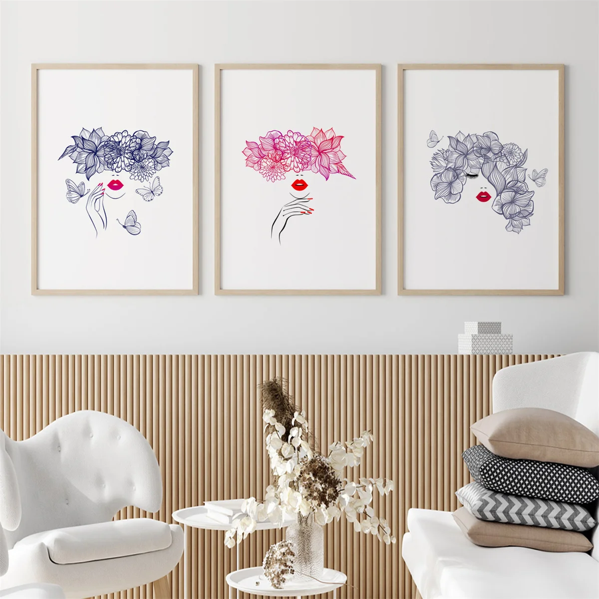 

Abstract Line Flowers Canvas Painting Woman Face Red Lips Posters Nordic Minimalist Wall Art Pictures Home Bedroom Decoration