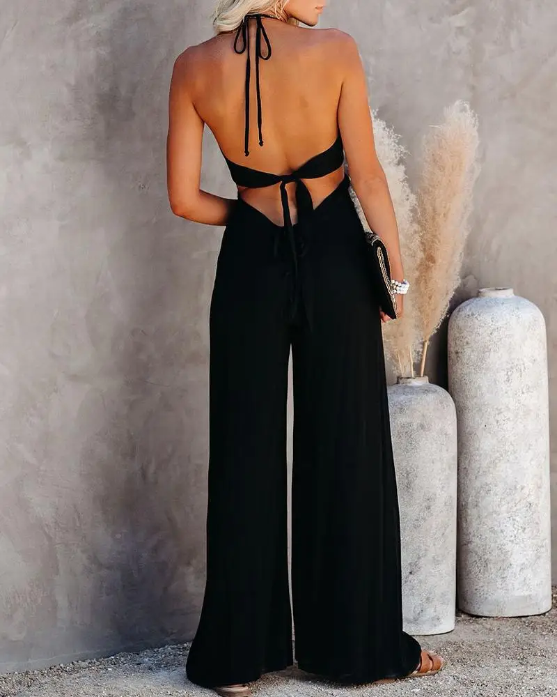 

2020 Women Fashion Elegant Solid Halter Sleeveless Sexy Party Jumpsuits Female Summer Backless Halter Neck Jumpsuit