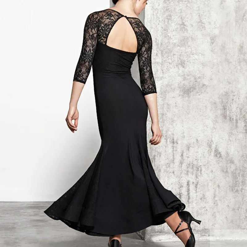 Платье для соревнований по бальному танцу черное кружевное сексуальное длинное