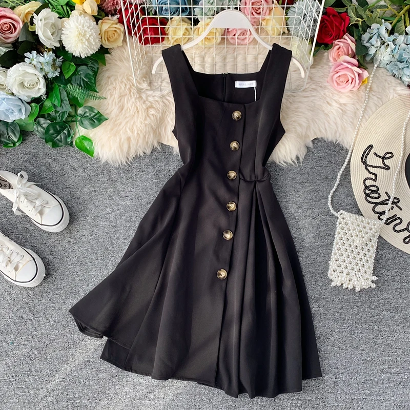 Винтажное тонкое летнее осеннее короткое платье на пуговицах, vestido de festa, сарафан на бретелях, Повседневные Вечерние женские платья трапециевидной формы с высокой талией - Цвет: Черный