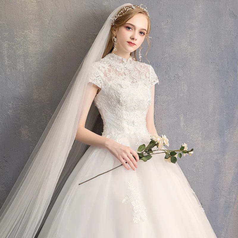 Vestido de Casamento Nupcial de Luxo Rendas até Vestidos de Casamento sem Mangas Tamanho Grande Alta Pescoço Cerimônia 6 High Quality Casamentos e Eventos