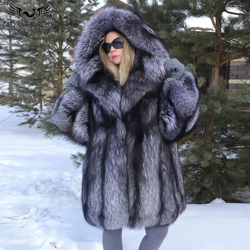 

Women Natural Fur Coats 2021 Winter New 90cm Long Whole Skin Real Silver Fox Fur Coat With Hood Thick Warm Overcoats Fur Female