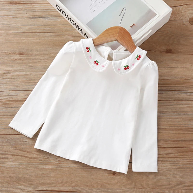 Cotton baby girls flower T Shirt Full Long Sleeve Girls T-Shirt Children Tops Tee kids turn-down Collar T-shirt | Мать и ребенок