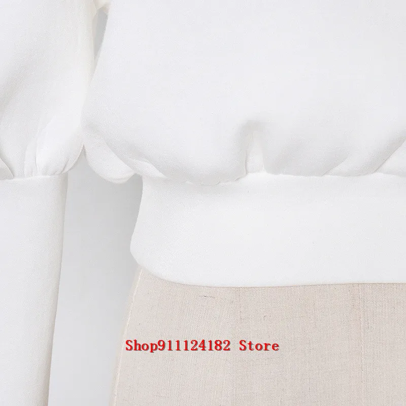 

2021 Hot Spring New Fashion Temperament Celebrity Lapel Bubble Sleeve Bow Short Shirt