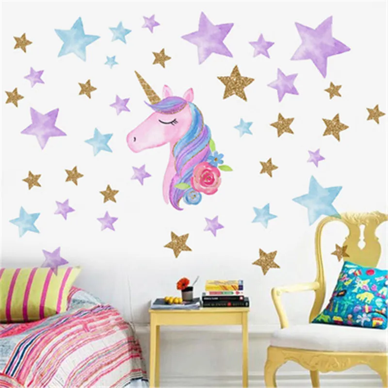 Милые золотые звезды единорог настенные наклейки домашний декор скандинавский