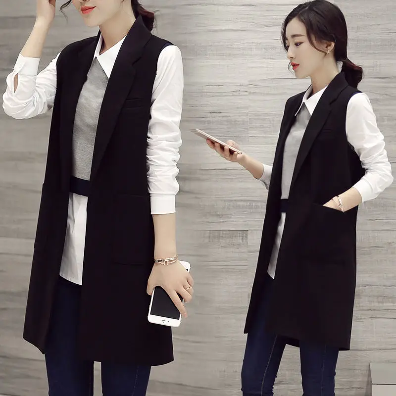 

2021 Women Spring Summer Casual Solid Waistcoat Lady Slim V-neck Pockets Sleeveless Long Vest Female Elegant Vest I775