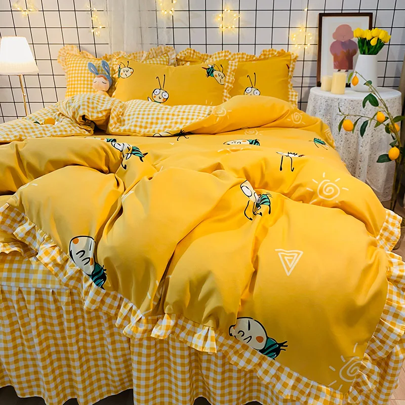 

Duvet Cover Set Avocado Korean Princess Style Bed Skirt Thick King Size Bedding Set Plant Flower Cartoon Yellow Pattern 4PCS