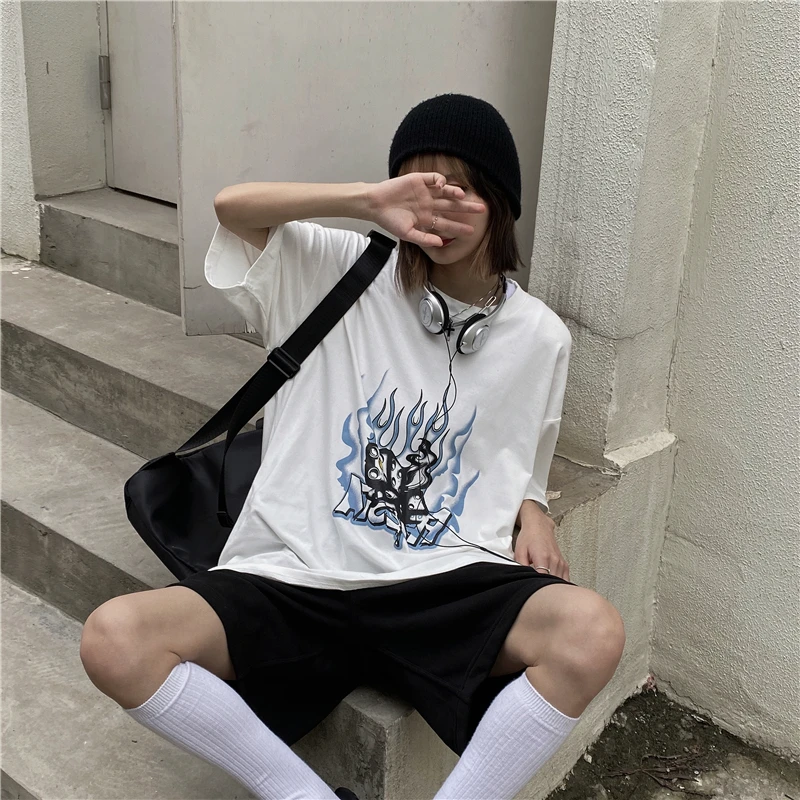 Футболка женская хлопковая с коротким рукавом свободная рубашка в стиле ретро