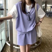 2021 summer fashion sports casual solid color set women v neck sleeveless vest topsa line skirt student besic two piece set