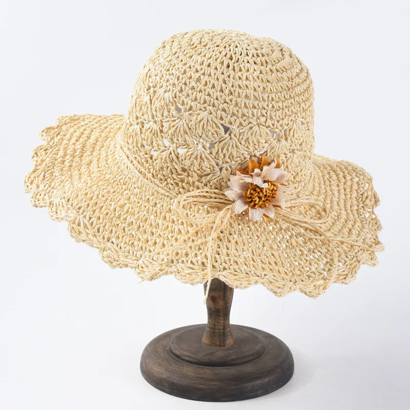 Летняя вязаная круглая соломенная шляпа с бантом и цветочным орнаментом дышащая