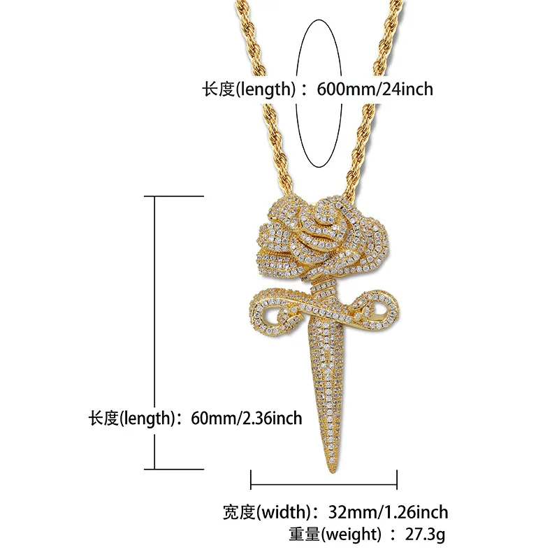 AAA+ кубический цирконий вымощенные Bling Ice Out розы бутон подвески-кинжалы ожерелья для мужчин и женщин хип-хоп рэппер ювелирные изделия