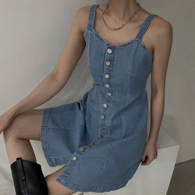 

Korejpaa Women Dress 2021 Summer Korean Fashion Leaky Clavicle Single Breasted Slim Waist Mid Length Vest Denim Mini Dresses