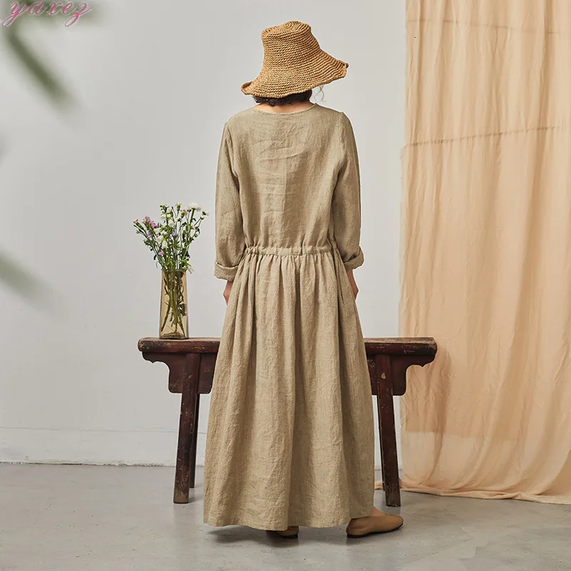 2019 Dress Flax Rough And Thick Hemp Color Round Collar Manual Embroidery Thread Waist Drawstring Loose | Женская одежда