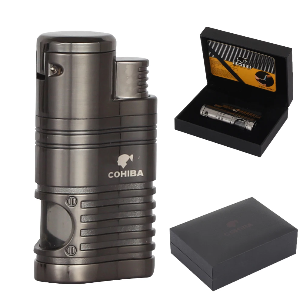 COHIBA сигарный набор металлическая коробка для Сигар Зажигалка газ-бутан ветрозащищенная 3 струйные Зажигалки W/удар из нержавеющей стали Острый сигарный нож - Цвет: Only Cigar Lighter