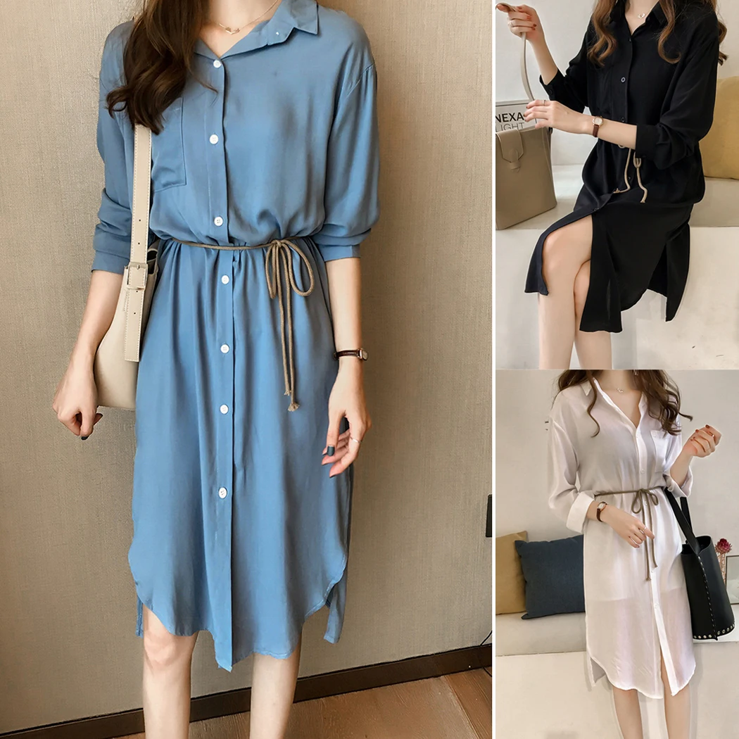 Элегантные женские рубашки с длинным рукавом Миди платье плюс размер