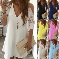 womens solid color mini dress lace splicing dress v neck off shoulder sling dress casual hollow out sleeve dress