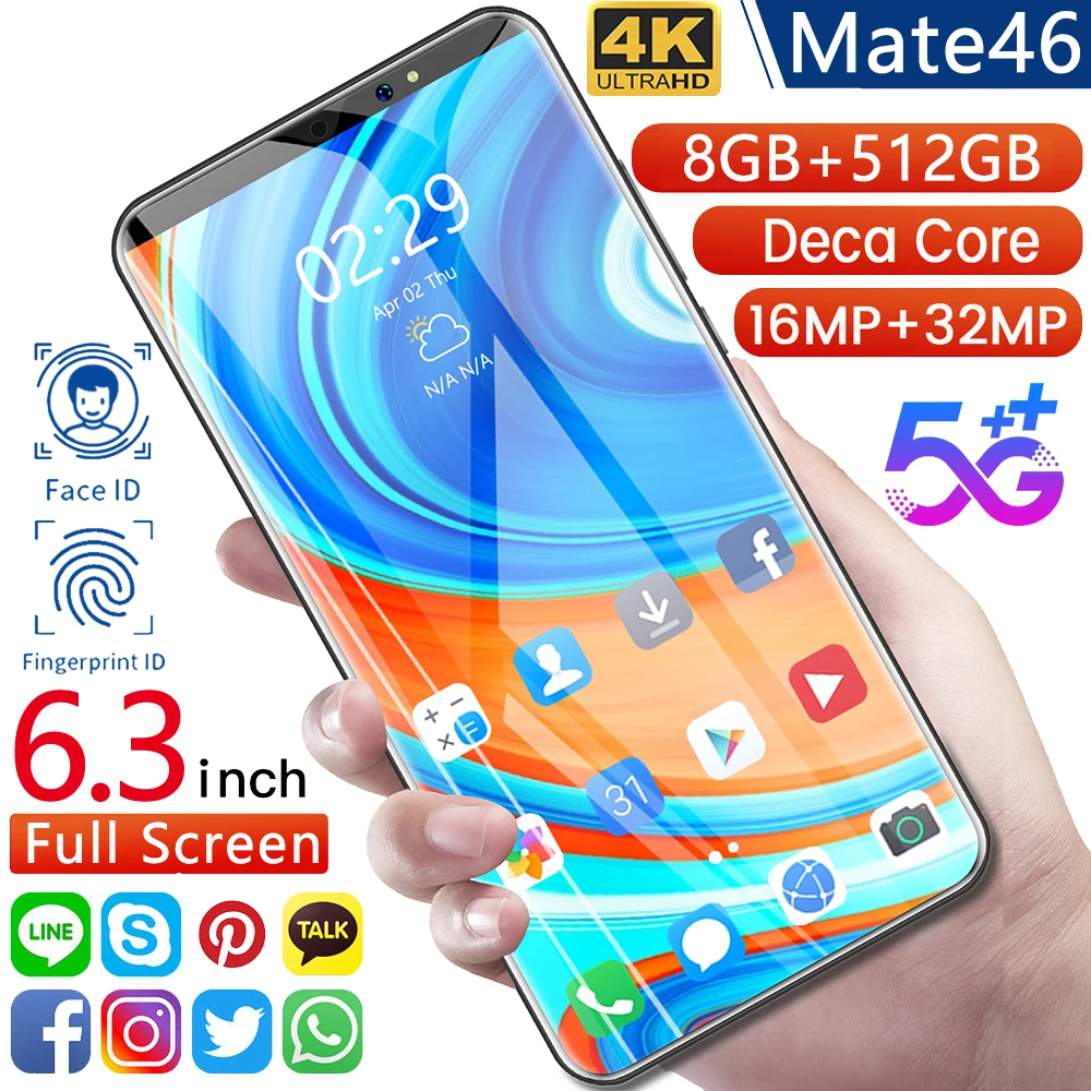 

Global version Mate46 6.3 inch 5G Mobile Phone Android 5000Mah Fast Charge Mobile Phone Wireless 1511 Box Speaker Face ID Phone