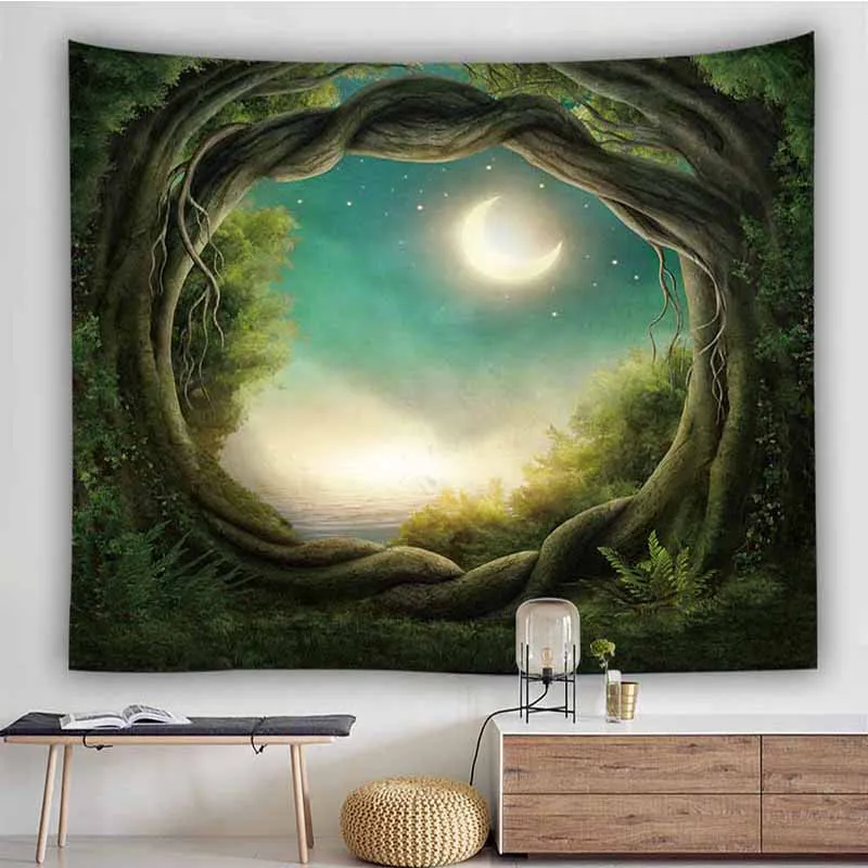 Fantasy Forest Moon Tree Tapestry Wall Hanging Macrame Hippie Blanket Home Decor Art Psychedelic | Дом и сад