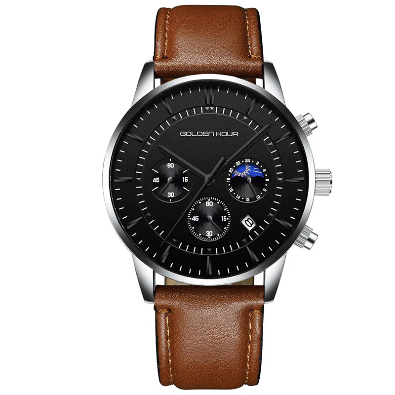 L-Silver Black GOLDENHOUR мужские часы лучший бренд класса люкс Модные кварцевые часы мужские кожаные водонепроницаемые спортивные наручные часы мужские Relogio Masculino - Цвет: L-Silver Black
