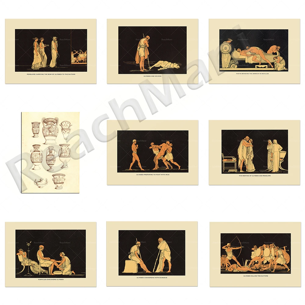 

Greek vintage prints, Etruscan vases, Ulysses and his dog, and Penelope’s encounter, Odysseus prepares to fight Erus. Printed po