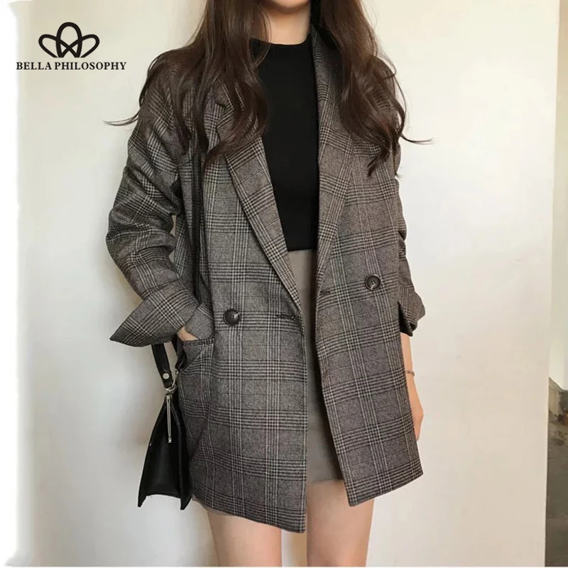 

Bella philosophy Женская Осенняя хлопковая куртка с длинным рукавом, винтажное пальто, клетчатый Блейзер, двубортные блейзеры, Офисная Женская вер...