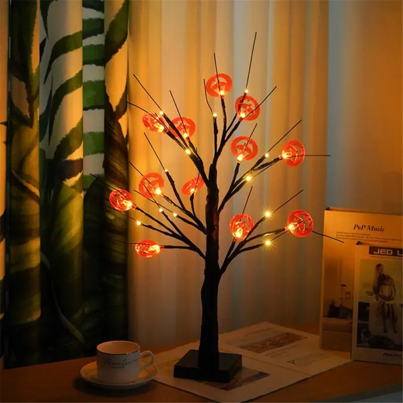 

LED Creative Simulation Tree Lamp Halloween Glowing Pumpkin Decoration Ghost Festival Bat Tree Light Home Office Ornament