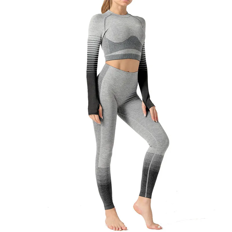 

2 Piece Set Yoga Suit Gradient Long Sleeve Sports Legging Seamless Gym Fitness Women Crop Top jeggings Ribbed Workout Tracksuits