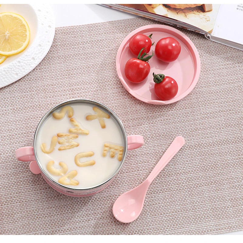 

Cute Cartoon Kids Anti-hot Stainless Steel Tableware Portable Double Handle Baby Bowl+Lid+Spoon Training Feeding Food Container