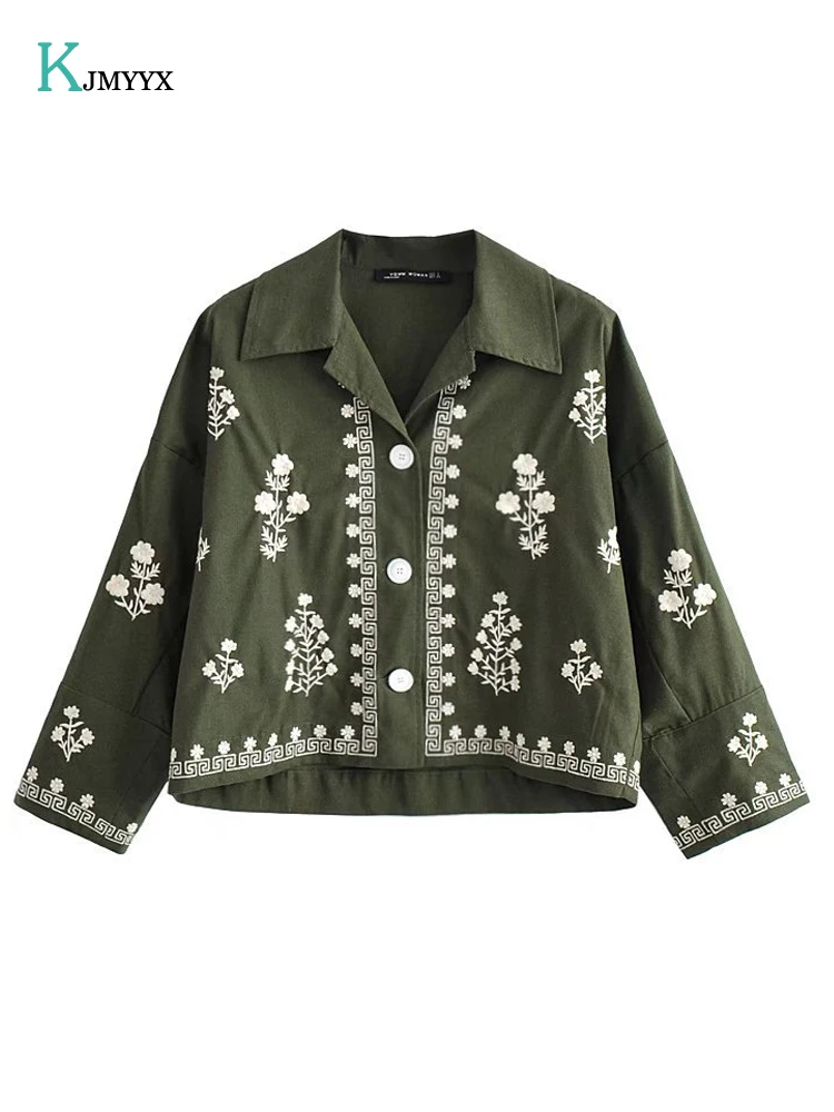 

Женский зеленый цветочный топ KJMYYX 2022, женский укороченный топ с запахом, Женская винтажная блузка с длинным рукавом, рубашка с воротником на...