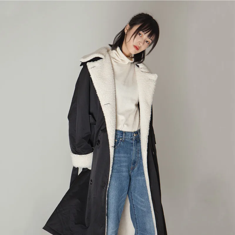 

SHENGPALAE Simple Solid Color Trench Coat Women 2021 Laple Loose Double Breasted Lace Up Waist Long Sleeve Windbreaker Female