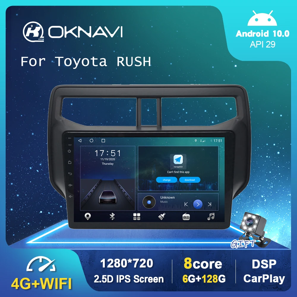 

OKNAVI 6G 128G DSP беспроводной Carplay Android 10,0 автомобильный радиоплеер GPS стерео OBD BT Navi для Toyota Rush 2018 2019 без DVD 9 дюймов