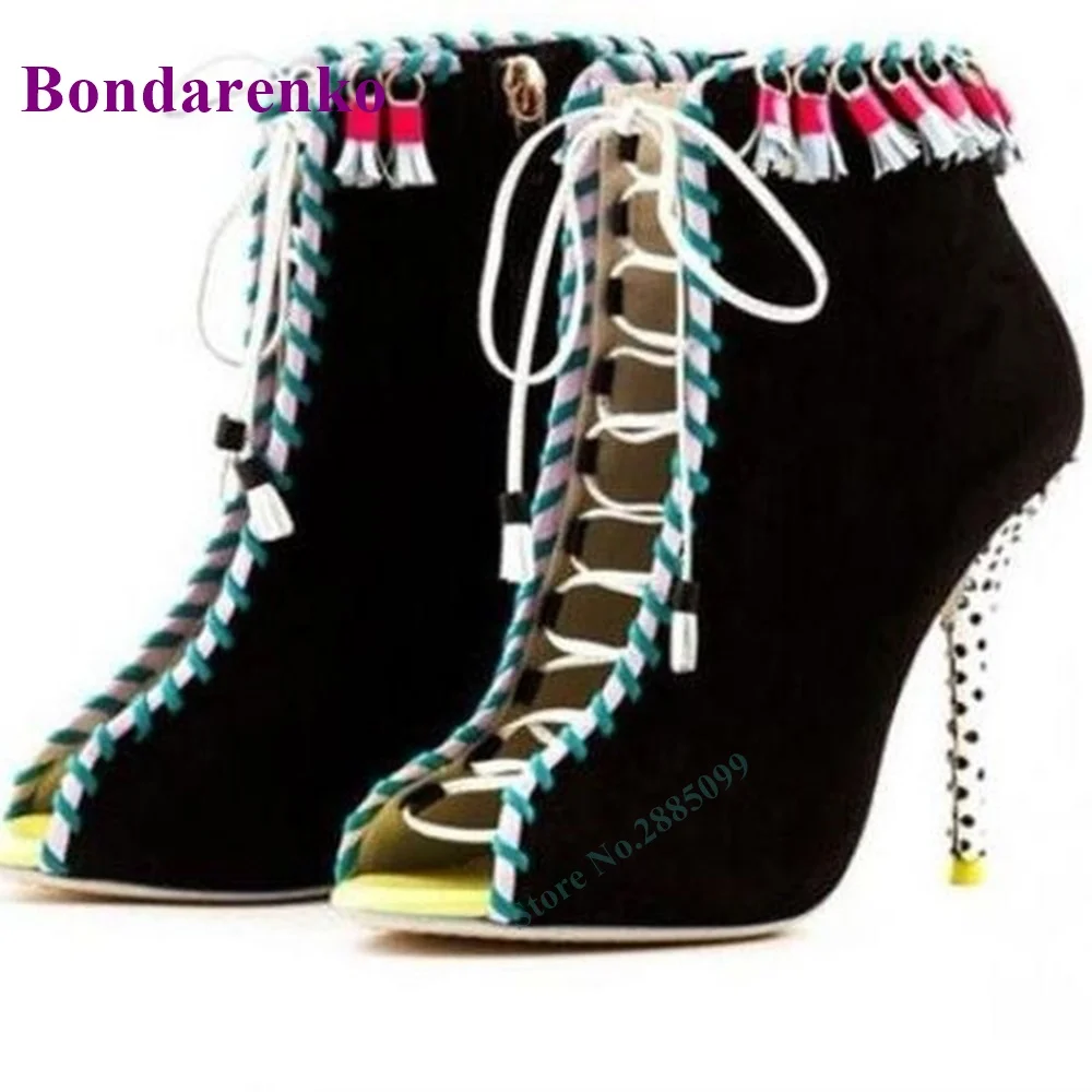 

Suede Tassel Lace Up Ankle Boots Peep Toe Cut Outs Thin High Heel Cross Tied Women Spring Autume Party Dress Short Boots Shoe