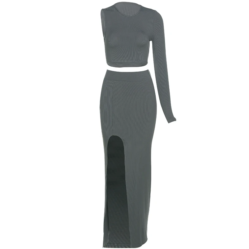 

Yiallen Summer Women Two Piece Set Solid Slim Stretch One Shoulder T Shirt and Long Skirt Two Piece Skirt Set For Women New Hot