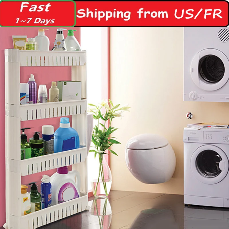 

4 Layer Storage Shelf Rack Gap Shelf Pulley Mobile Kitchen Toilet Gap Rack Storage Rack Fridge Side Seam Finishing Rack HWC