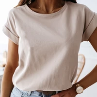100 cotton t shirt women summer new oversized solid basic tees 9 color casual loose tshirt korean o neck khaki tops