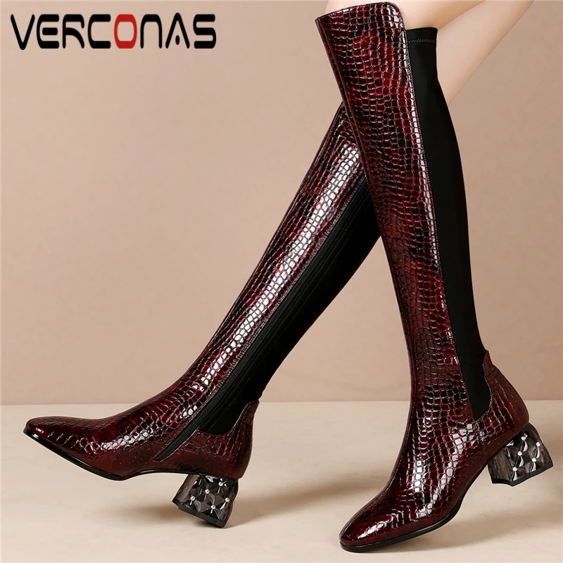 

Вечерние Повседневные женские сапоги до колена VERCONAS, модные лаконичные длинные сапоги на толстом каблуке с молнией, Новое поступление на ос...