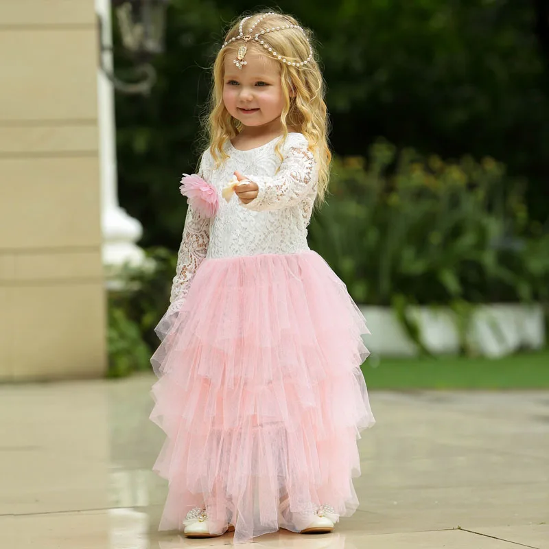 Кружевное платье с длинными рукавами для девочек 2020 г. Белое принцессы