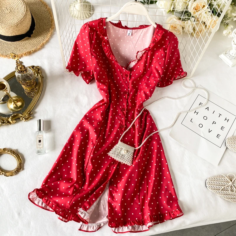 Женское элегантное мини платье в горошек с v образным вырезом и пряжкой коротким