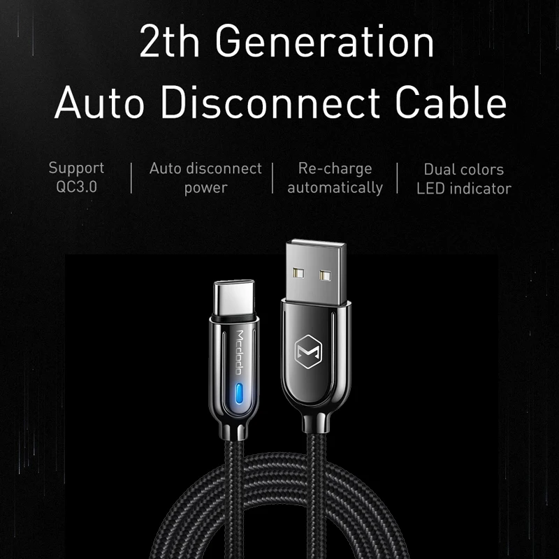 10 шт./лот Mcdodo USB Type C 3A автоматический отключение кабеля для Samsung Galaxy S10 S9 Быстрая