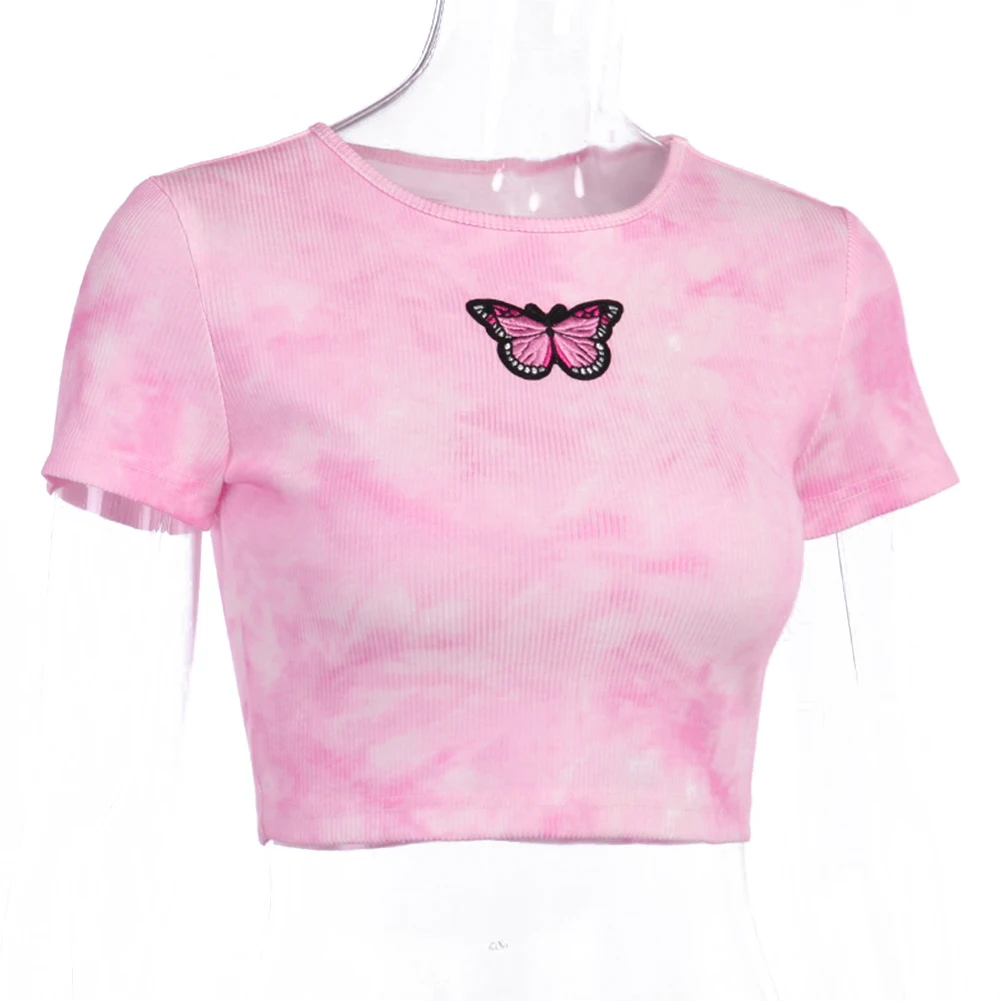 

Summer Sexy Tie-dye Butterfly T-shirt Women Short-sleeved O-neck Short Top Slim T-shirt Hippie Streetwear Women's Top T-shirt