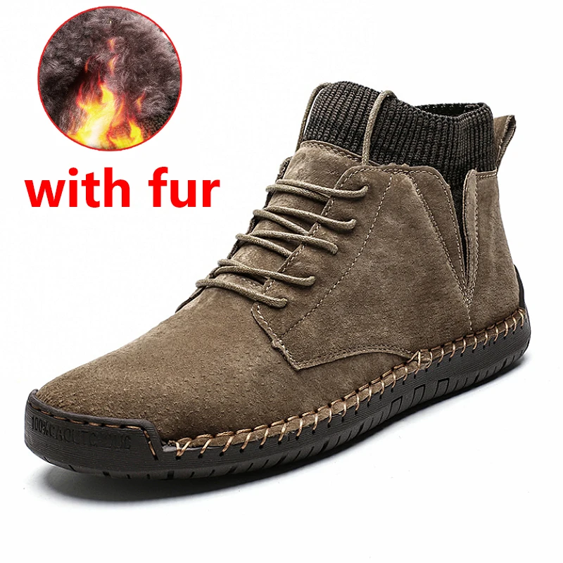 khaki with fur JINTOHO/мужские кожаные ботильоны большого размера; модная мужская обувь из натуральной кожи; Брендовые мужские ботинки; теплые зимние ботинки; зимние ботинки для работы - Цвет: khaki with fur